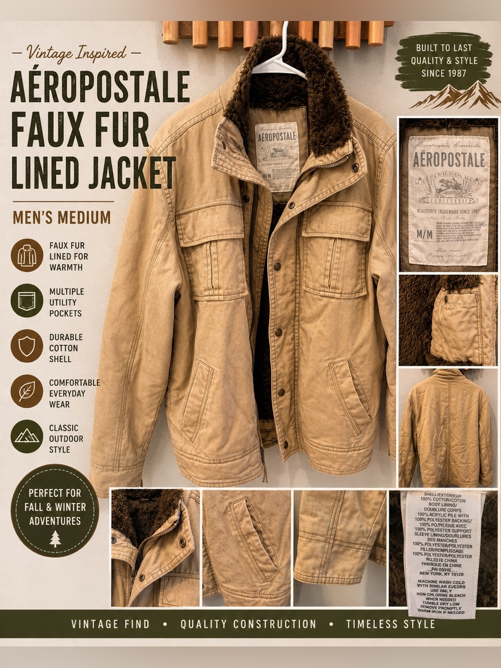 Aeropostale Faux Fur Lined Utility Jacket Men’s Medium Tan Canvas Coat